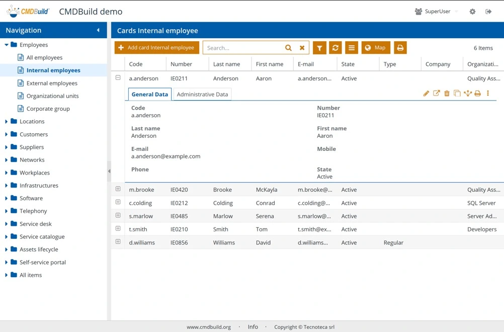  CMDBuild’s user interface showing various info such as drop-down cards for CIs and an example of internal employee info.