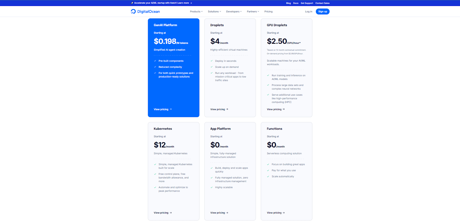 DigitalOcean pricing plan for various services.