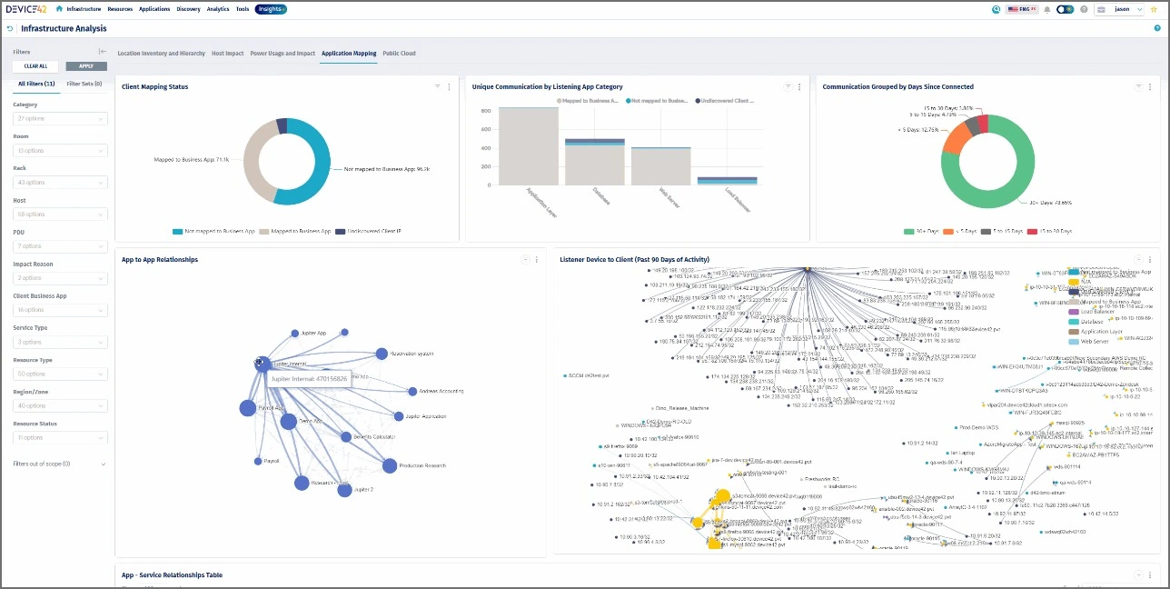  a screenshot of Device42 CMDB showing client mapping status, app to app relationships, Listener device to client, etc.