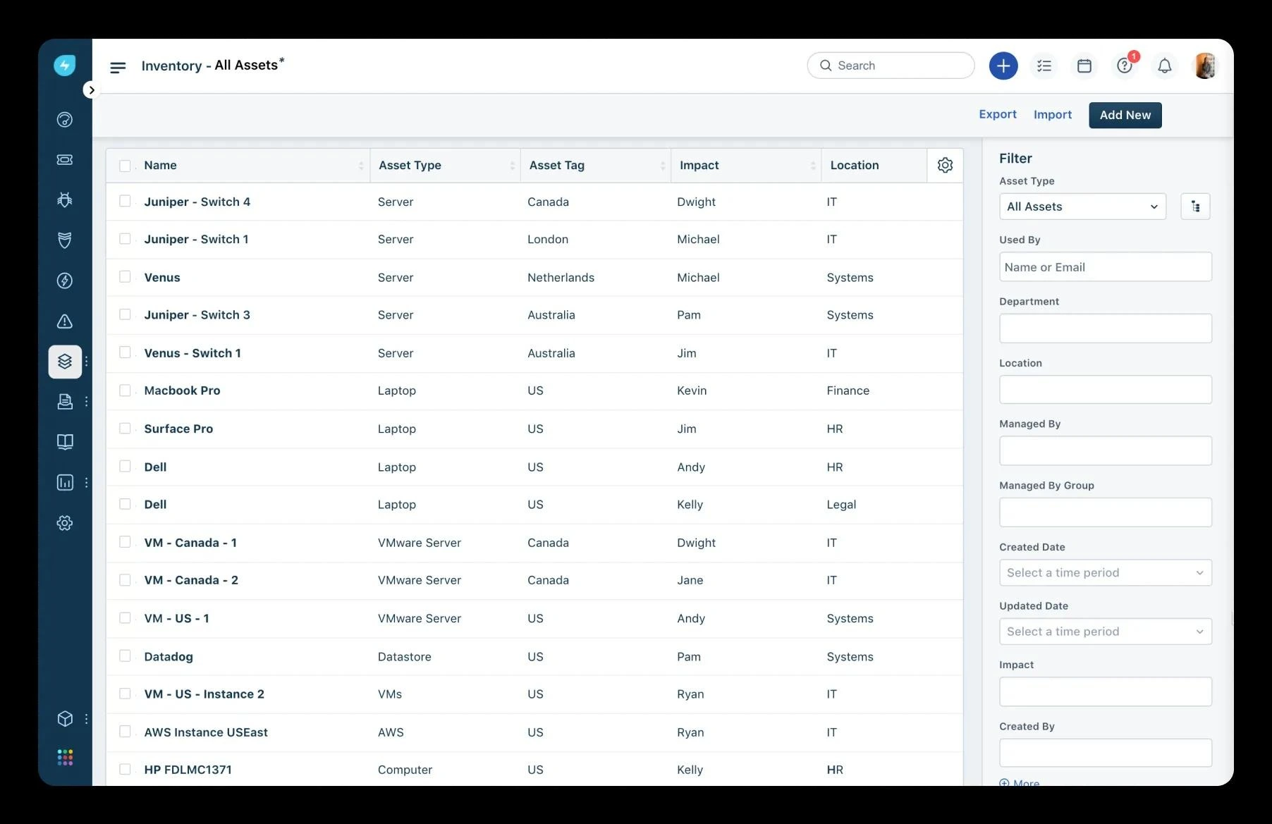  Freshservice CMDB’s inventory section listing various assets.