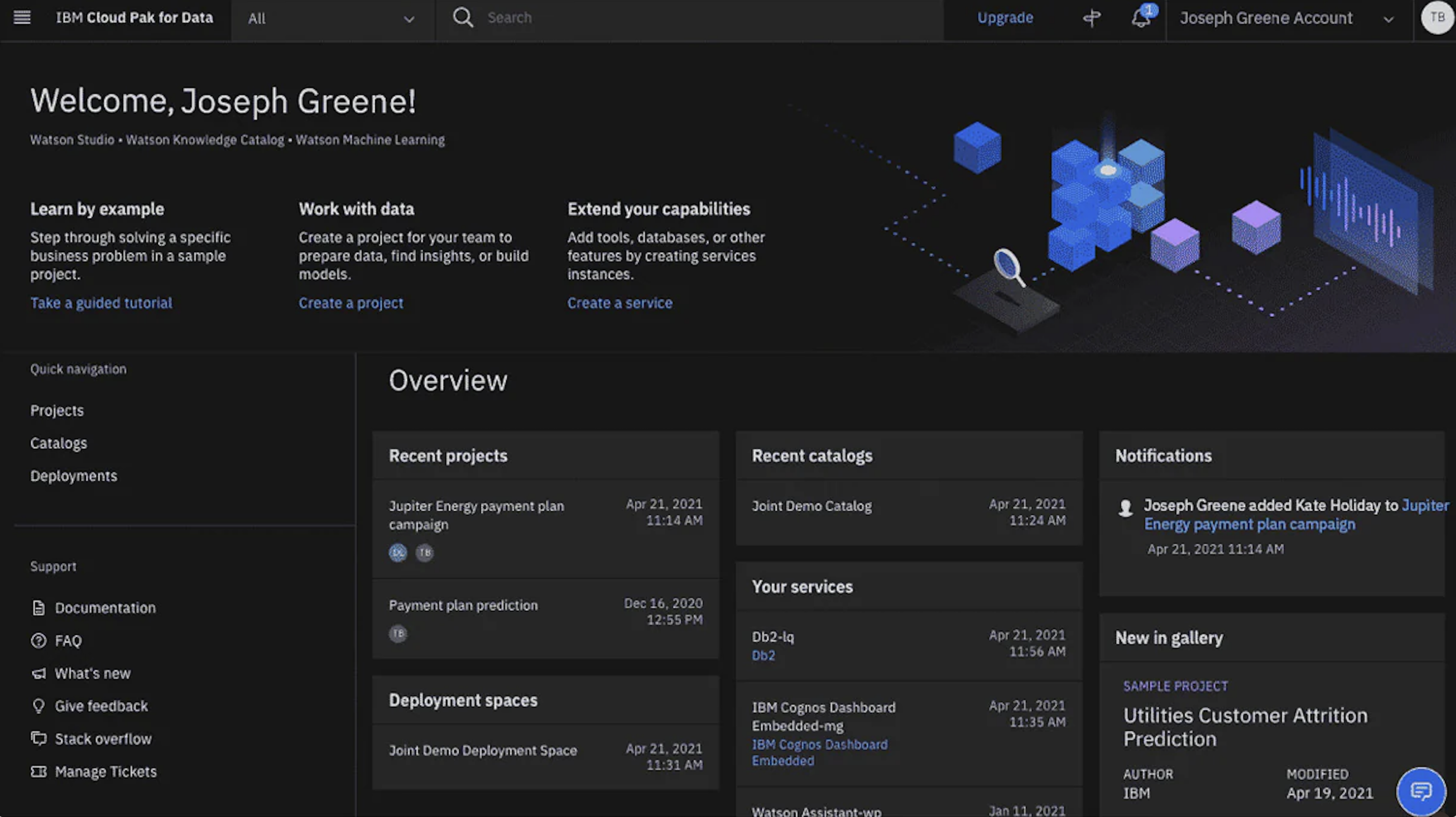 Picture of IBM Cloud Pak’s overview of recent projects, catalogs, deployment spaces, etc.