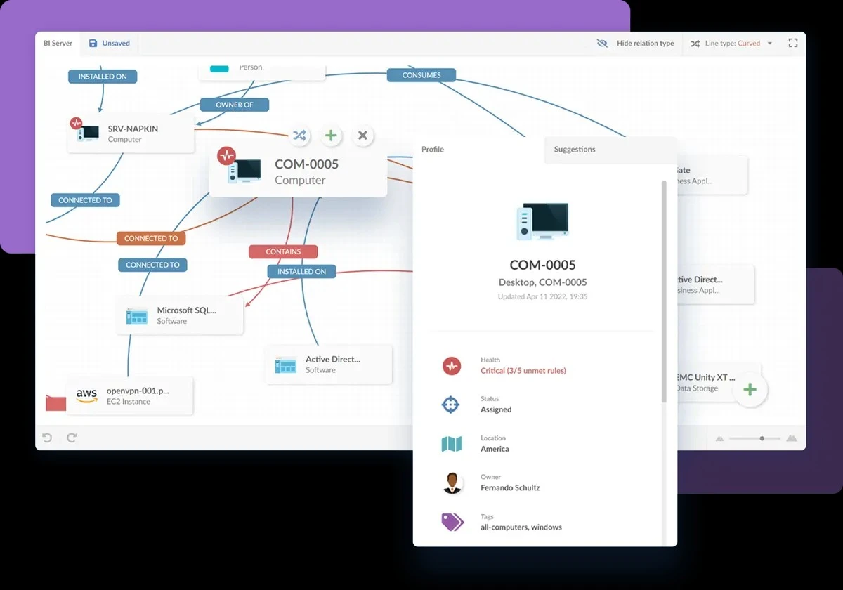 : InvGate Insight’s mapping and visualization capabilities shown through an example with several mapped CIs.