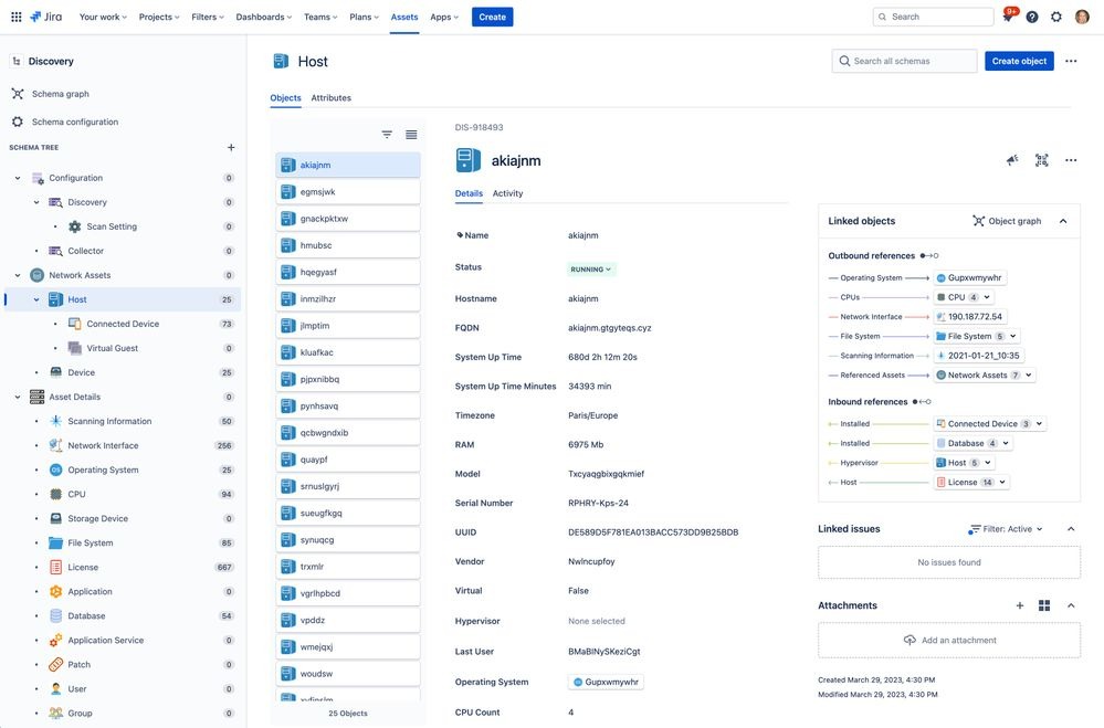 A screenshot of Jira Service Desk’s various sections and UI, including configurations, network assets, asset details, etc.