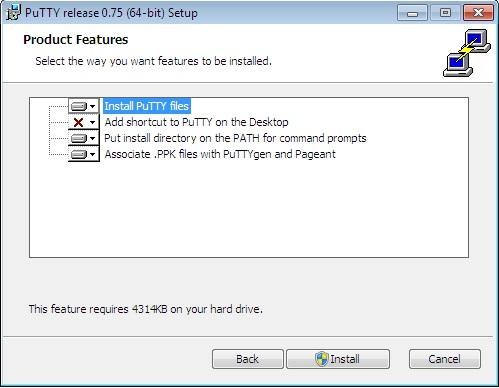 PuTTY Installer selecting components to install