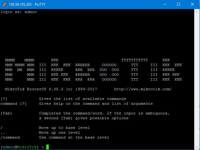 [PuTTY Terminal showing MikroTik CHR welcome screen]