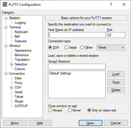 PuTTY first screen — configuring your SSH session