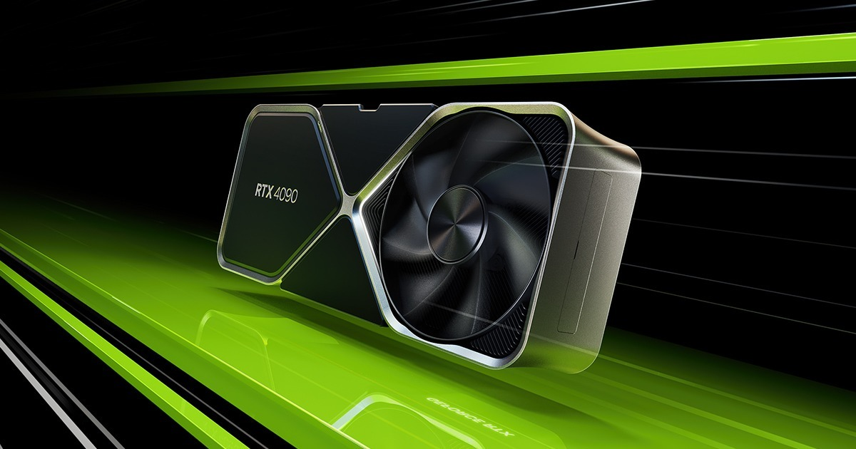 Image of the 4090 RTX with green and silver graphic beams of light around it.