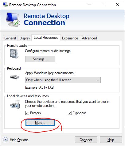 [Remote Desktop Connection Opening Advanced Settings]