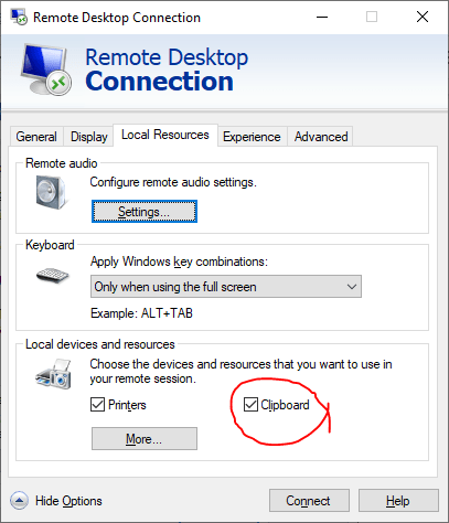 [Remote Desktop Connection settings Local Resources]