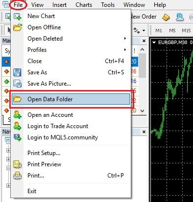 [Selecting Open Data Folder from File Menu in MT4]