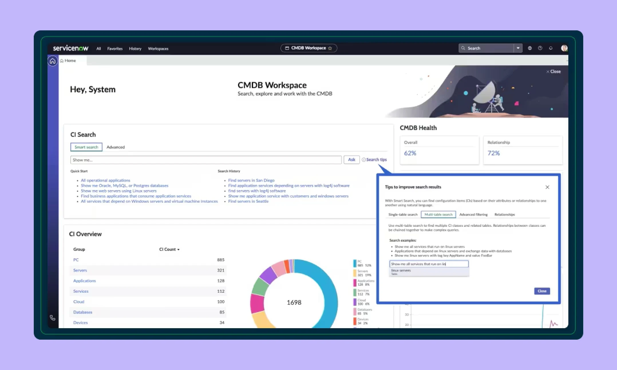 ServiceNow CMDB’s UI, including a CI search bar, overview, and CMDB Health percentages.