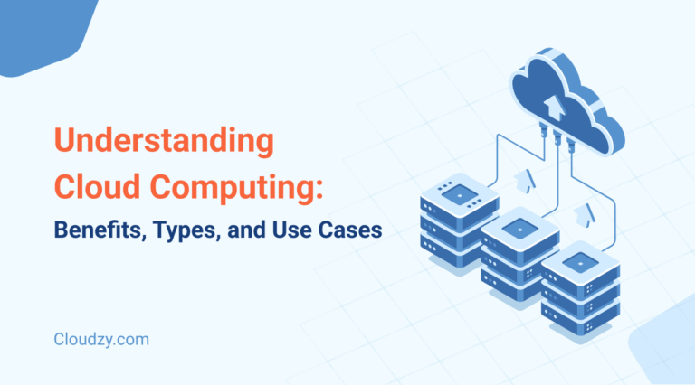 Abbildung, die Cloud-Computing-Technologie mit verbundenen Servern und Geräten darstellt, die auf Cloud-Dienste zugreifen.