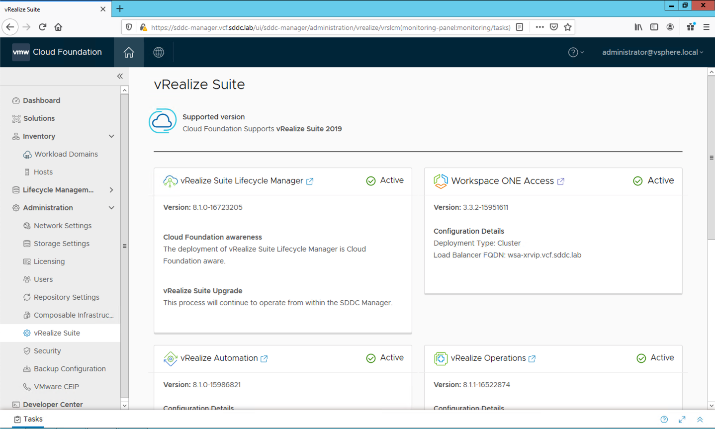 Image of vRealize Suite’s different sections including vRealize Lifecycle Manager, Automation, Operations, etc.