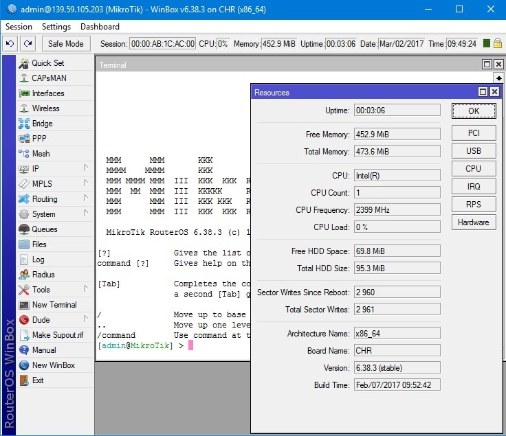 Winbox showing Terminal and resources for a MikroTik VPS