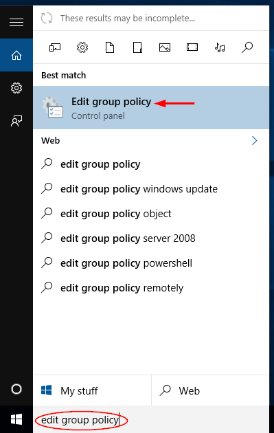 [Searching for the Group Policy Editor from the Start Menu]