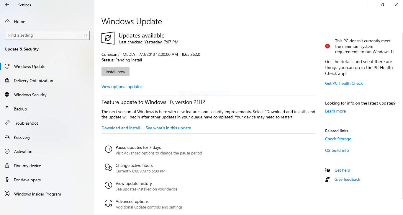 Updates and Security panel in Settings