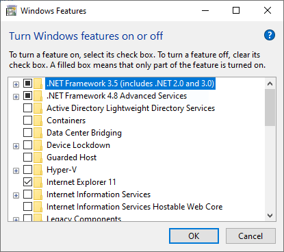 [List of Windows Features to turn on or off]