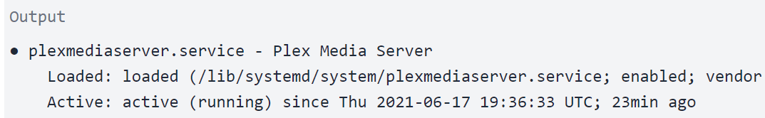 output of checking Plex’s service status