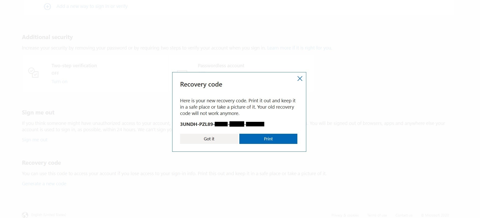 recovery code of windows 10