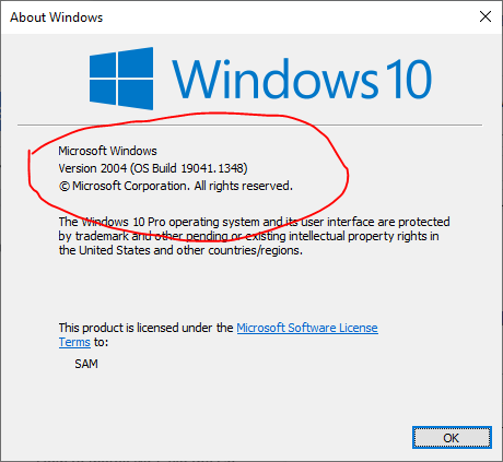 Finding the Windows version from the pop-up screen