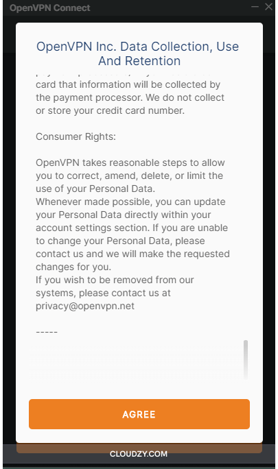 openvpn data collection agreement screenshot