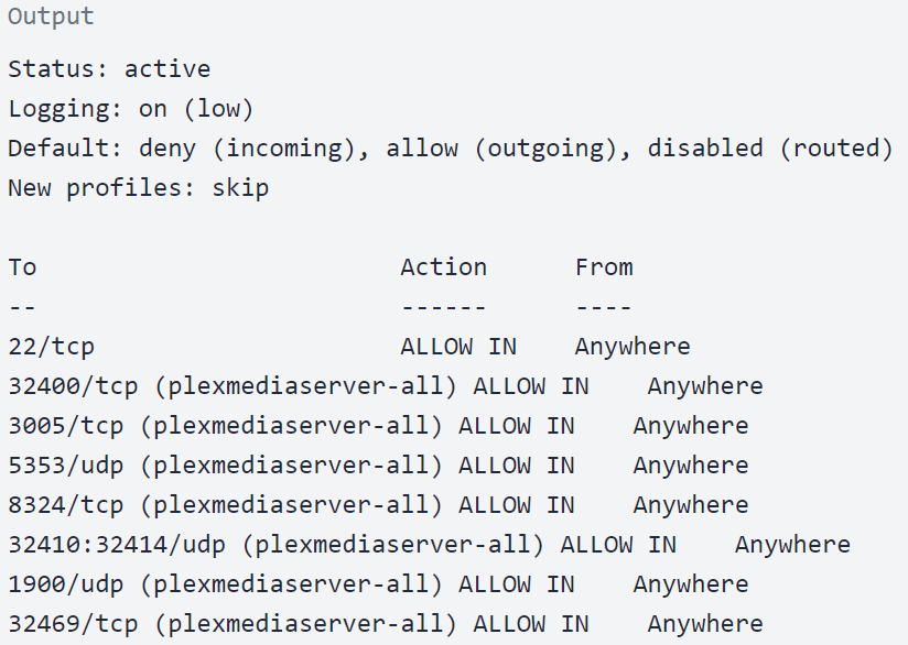 output of applying new firewall rules and checking them